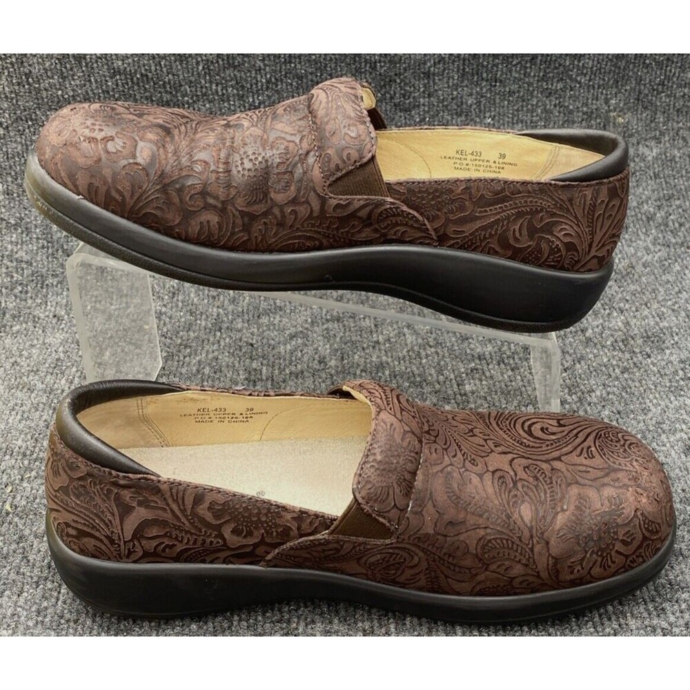 Alegria Keli Professional Clogs Womens 39 US 9 Brown Tooled Floral Leather